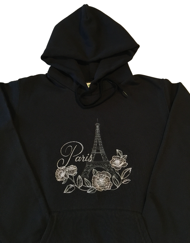 women paris with flowers black hoodie front middle