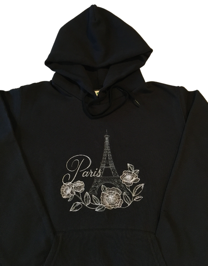 women paris with flowers black hoodie front middle