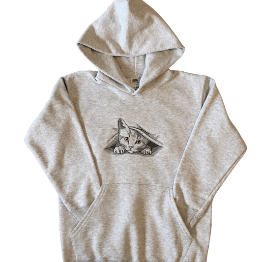 kids peeking out kitty grey hoodie front ful