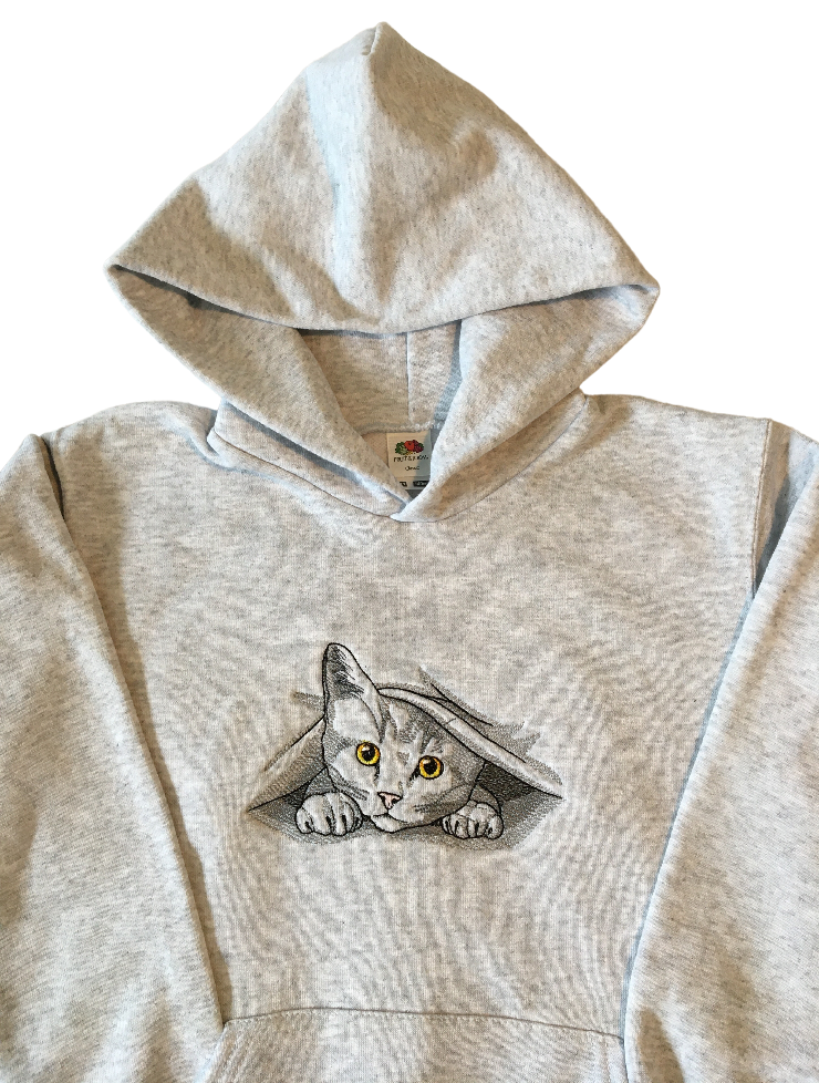 kids peeking out kitty grey hoodie front middle
