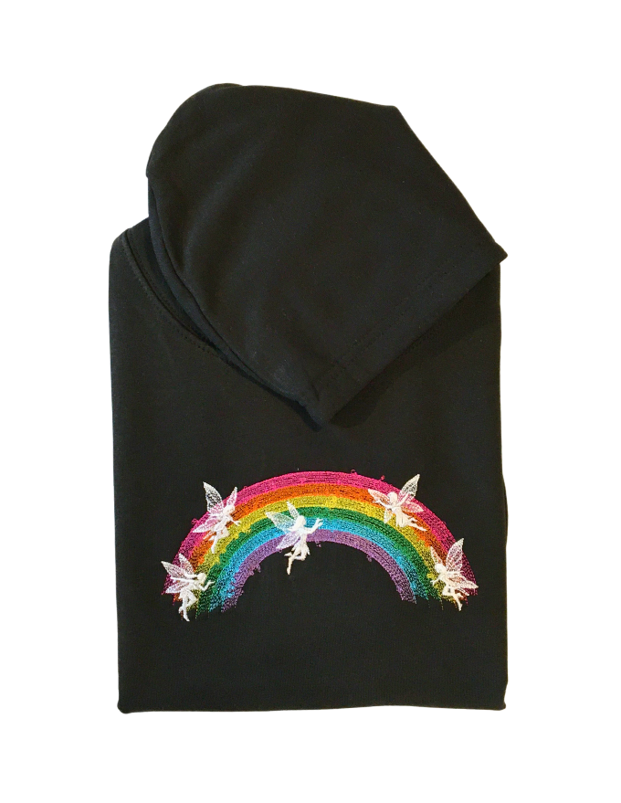 kids rainbow fairies black hoodie front closeup