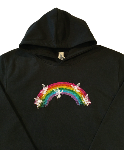 kids rainbow fairies black hoodie front middle