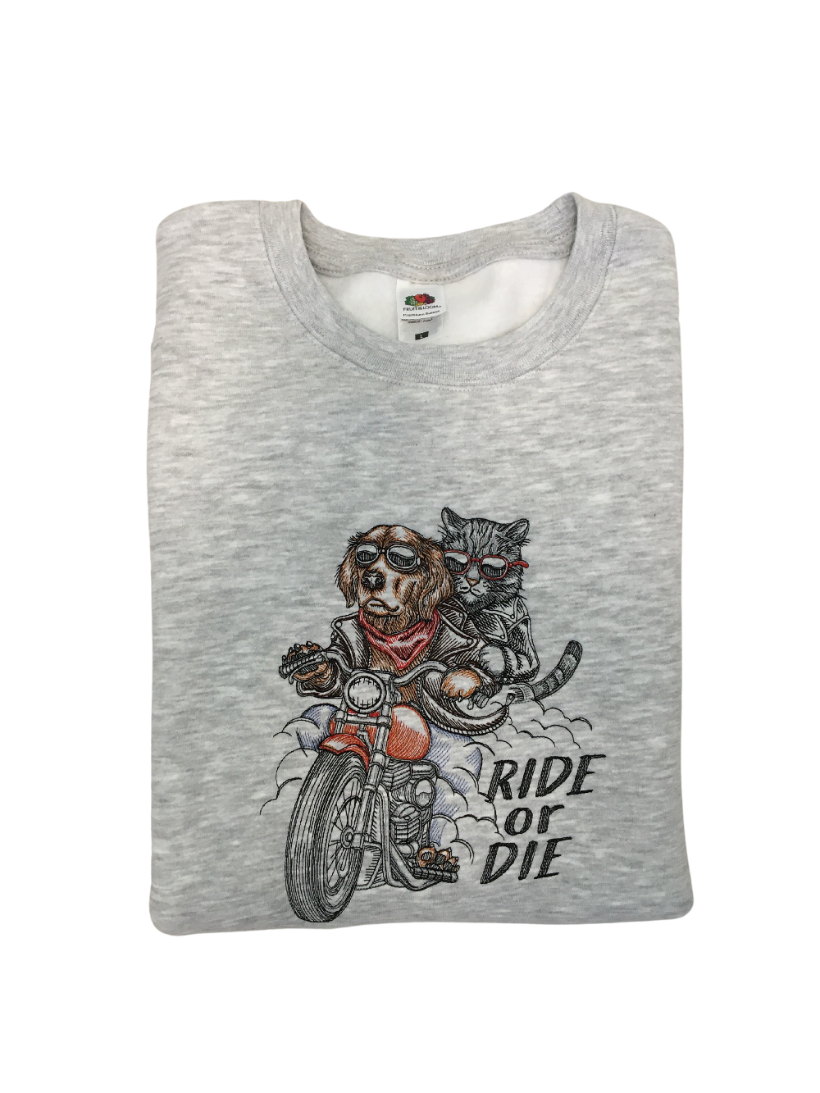 men ride or die gray sweatshirt front closeup