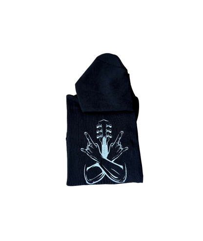 men rockstar guitar black hoodie front closeup