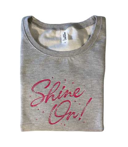 women shine on grey cropped sweatshirt front closeup