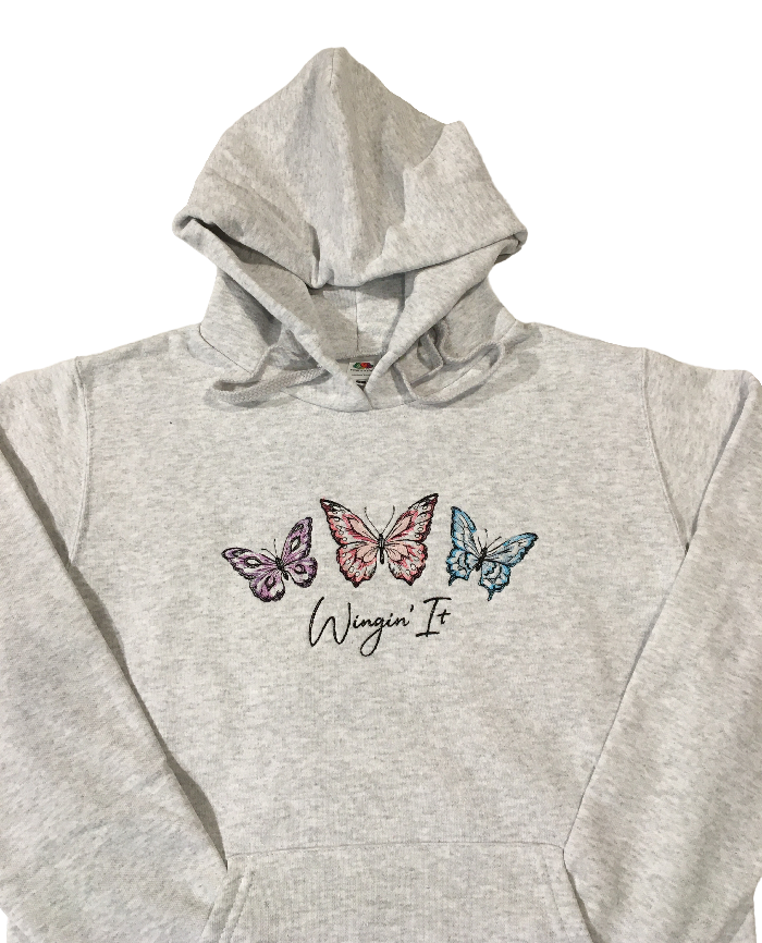 women winging it grey hoodie front middle